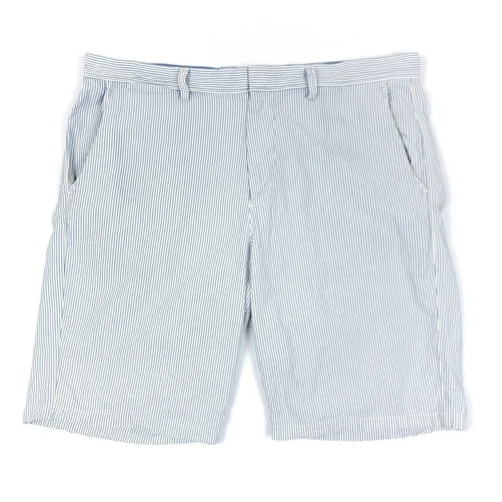 J CREW Club Preppy Seersucker Weekender Chino Shorts Blue White Resort Stripe 36